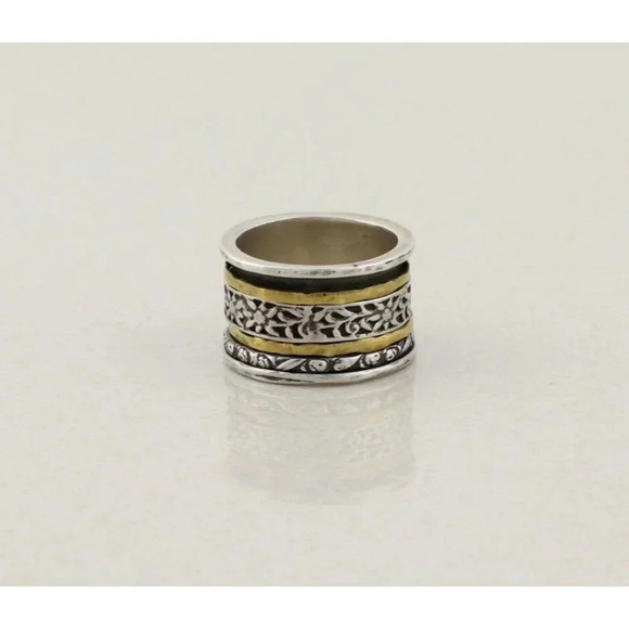Sterling Silver & Brass Flower Spinner Ring Thick Band Cigar Ring Silpada Size 8 - Picture 3 of 7